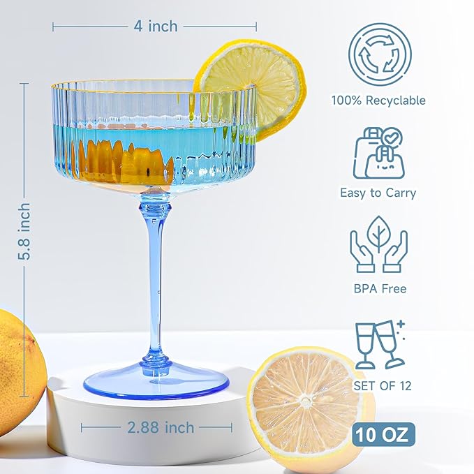 XUWAIDSGN 12 Pcs Champagne Martini Glasses 9 Oz with Gilded Removable Gold Rim Coupe Glasses Pink Martini Glasses Plastic Mimosa Vintage Coupe Glasses Set For Wedding Anniversary (12, Clear Blue)