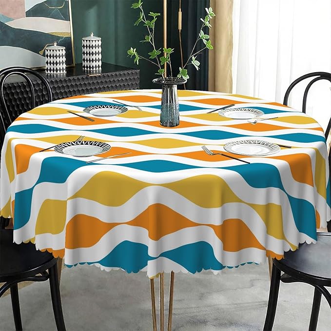 Laeacco 60 Inch Geometric Round Tablecloth Blue and Orange Waved Stripes Modern Abstract Art Print Table Cloth Washable Waterproof Wrinkle Free Table Cover for Kitchen Dining Picnic Party Decoration