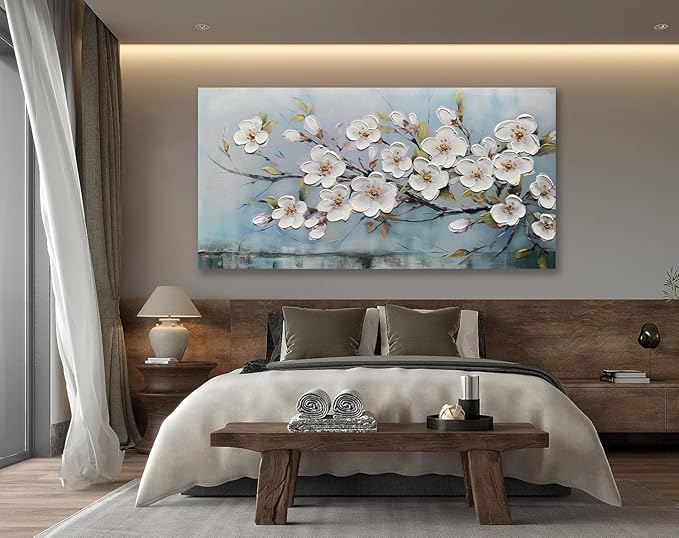 Anolyfi White Textured Flowers Wall Art for Living Room Canvas Wall Decor, Modern Elegant Landscape Wall Art for Dining Room Hallway Office Home 58"x29"