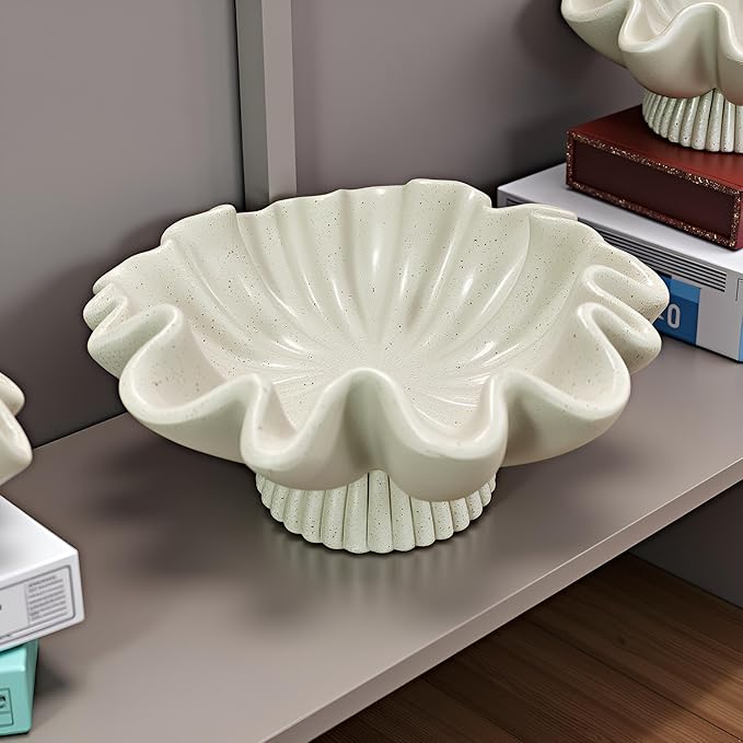 10" Large Handmade Decorative Bowl decor, Handicraft Scalloped Bowls for Modern Home Decor,Ruffle Decor,Key Bowl for Entry Table,Decorative Fruit Bowl for Kitchen Counter,Light Gray