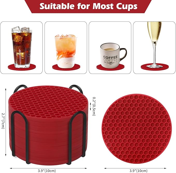 Silicone Coaster Set of 12 with Holder, Drinks Coasters, Beer & Coffee, Suitable for All Cups, Hot or Cold, Anti-Slip, Non-Stick, Anti-Overflow Tabletop Protection and Decor (12 Pcs, Wine Red)