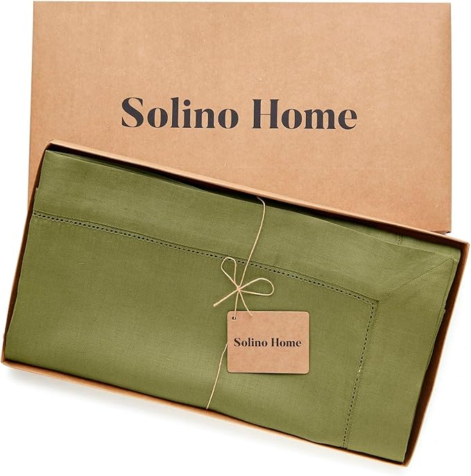 Solino Home Linen Tablecloth 60 x 132 Inch - Classic Hemstitch 100% Pure Linen Avocado Green Table Cloth for Rectangle Tables - Machine Washable Tablecloth for Winter, Spring, Easter, St Patricks Day