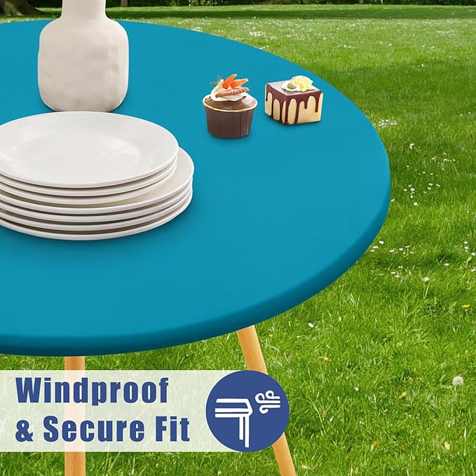 Round Spandex Tablecloth 2 Pack, Elastic Fitted Waterproof Tablecloths for 36"-44" Tables, Stretch Washable Picnic Table Cover for Camping, Dining, Indoor and Outdoor, Turquoise