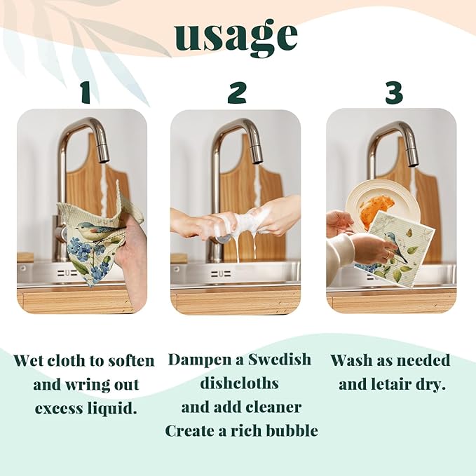 Bird Swedish Dishcloths for Kitchen, Swedish Dish Cleaning Cloths for Spring，Papaya Reusable Paper Towels, 4 Pack Dish Towels for Kitchen, Reusable Paper Dishcloths Washable