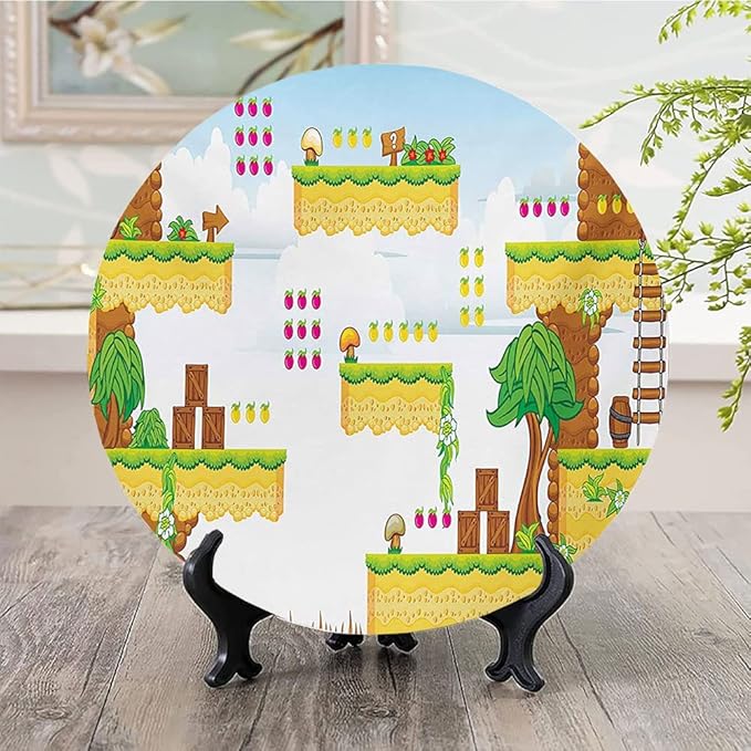 Ceramic Display Plate, Video Games Ceramic Hanging Decorative Plate, Cartoon Retro Computer Graphic Kids Western, 6 Inch, Living Room Kitchen Decoration Household, Multicolor