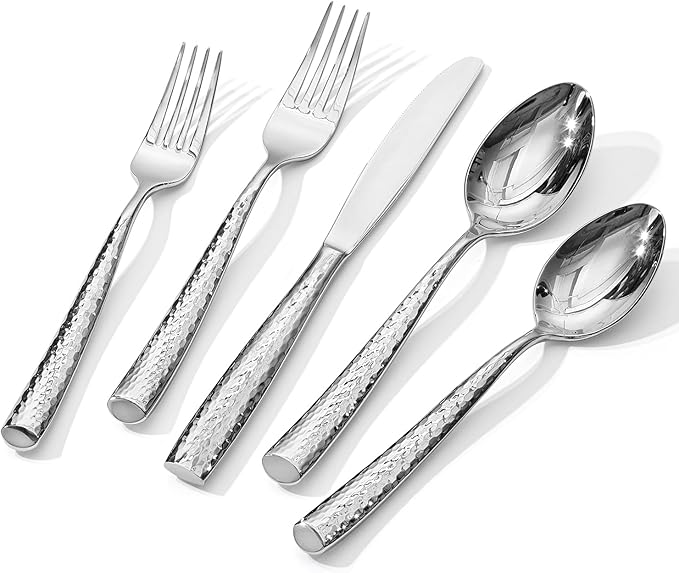 Kingstone Hammered Silverware Set, 5-Piece Flatware Set for 1, 18/10 Stainless Steel Heavy Duty Cutlery Set, Mirror Polished Utensil Sets for Home, Restaurant, wedding, Dishwasher Safe