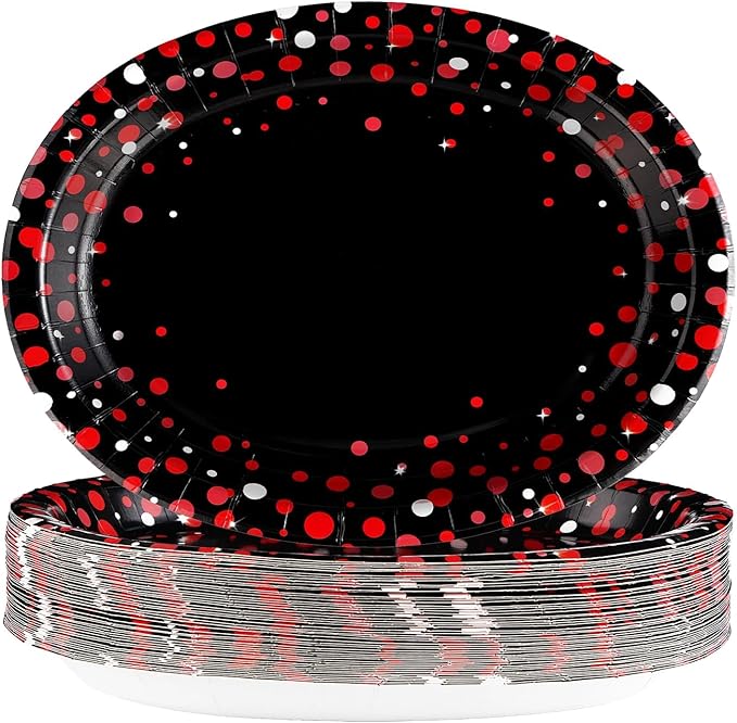 50 Pcs Black and Red Oval Plates 10" x 12" Large Red Dot on Black Party Plates Disposable Heavy Duty Valentine's Day Paper Plate for Valentines Day Fiesta Congrats Wedding Birthday Party Decorations