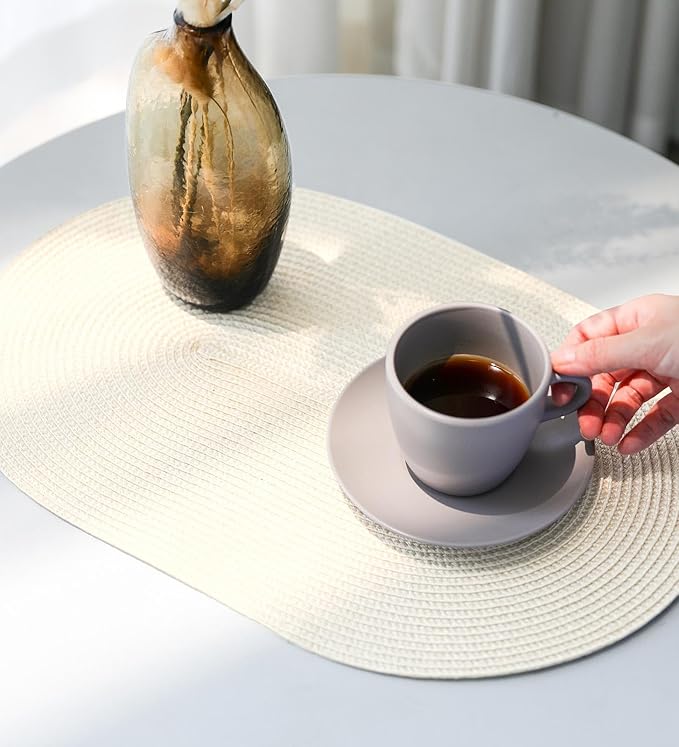 FunWheat Oval Braided Placemats Set of 8 Table Mats for Dining Tables Washable Heat Resistant Place Mats for Indoor Outdoor Use 12 x18 Inch(Oval Beige, 8pcs)