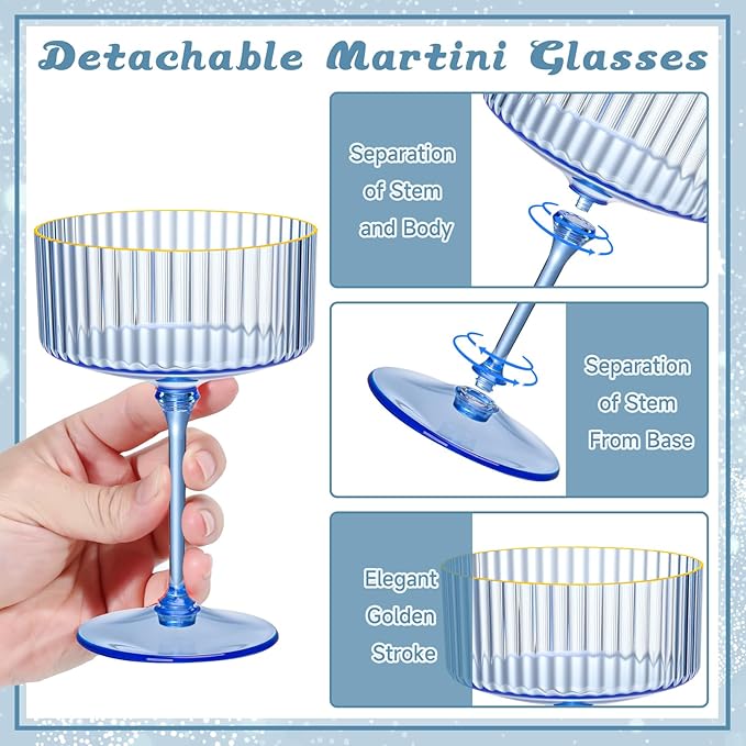 XUWAIDSGN 12 Pcs Champagne Martini Glasses 9 Oz with Gilded Removable Gold Rim Coupe Glasses Pink Martini Glasses Plastic Mimosa Vintage Coupe Glasses Set For Wedding Anniversary (12, Clear Blue)