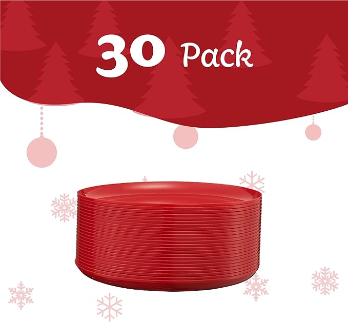 PLASTICPRO 30 Pack 6.3'' Christmass Plates Red Plastic Party Plates Edge Collection Premium heavyweight Elegant Disposable Tableware Dishes