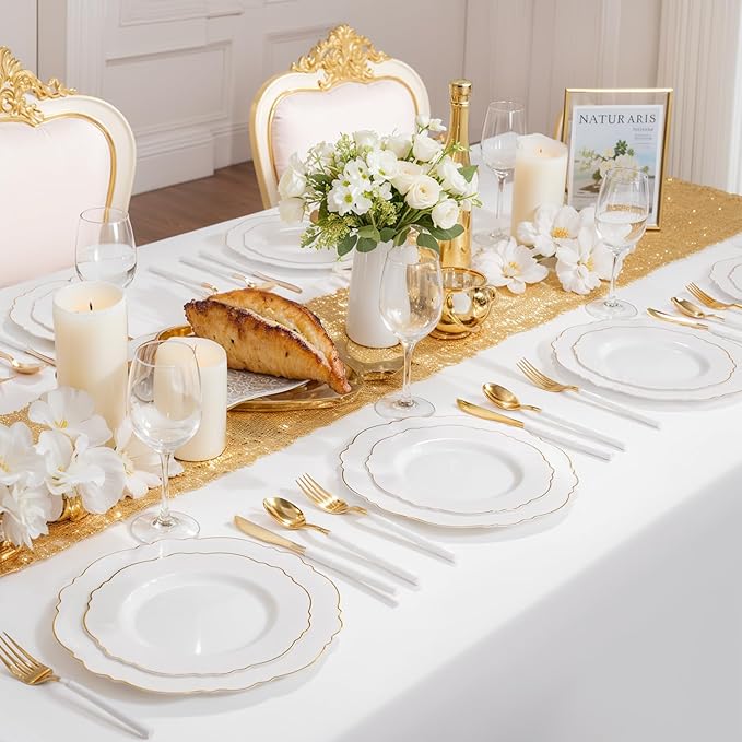 WDF 60pcs White and Gold Plastic Plates - Baroque White With Gold of 30 Heavy Duty Gold dinner plates 10.25inch, 30 Salad Plates 7.5inch Perfect for Weddings/Party/Birthday/Valentine's Days