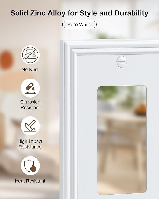 2-Pack Decorator Outlet Cover Plate, White Decorative Switch Plates and Outlet Covers, Durable Zinc Alloy Wall Plates for Electrical Outlets, Receptacle, GFCI Outlet, Dimmer Switch