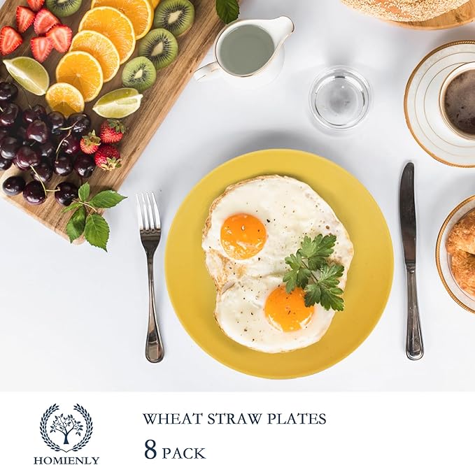 Homienly Flat Dinner Plates Set of 8, Alternative to Plastic, Microwave & Dishwasher Safe, Wheat Straw, Unbreakable Kids Plates (Yellow, 10 inch)