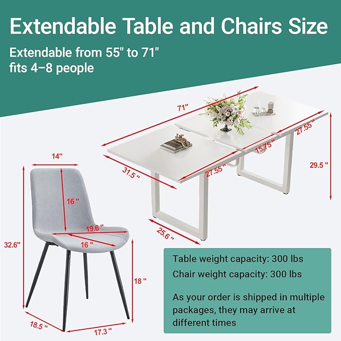 Extendable Dining Table Set for 6, 55"–71" Modern White Kitchen Table with 6 Upholstered Chairs, Space-Saving for Living Room Apartment, Sturdy & Comfortable, Easy Assembly