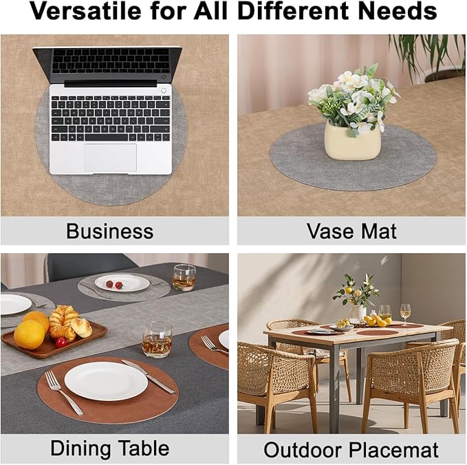 Myir JUN Reversible Vinyl Round Placemats Set of 8, Faux Leather Place Mats Dual Sided Waterproof Wipeable, Heat-Resistant Table Mats for Kitchen Dining Indoor Outdoor (14", Light Gray Reddish Brown)