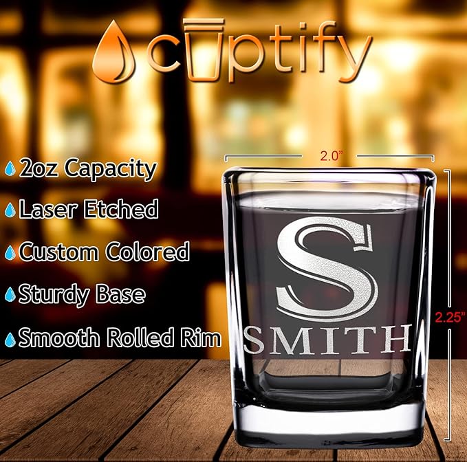 Personalized Square Shot Glasses Black Bottom 2oz Engraved Initial and Name Custom Gifts, Weddings, Birthdays, Party, Event, Decorations