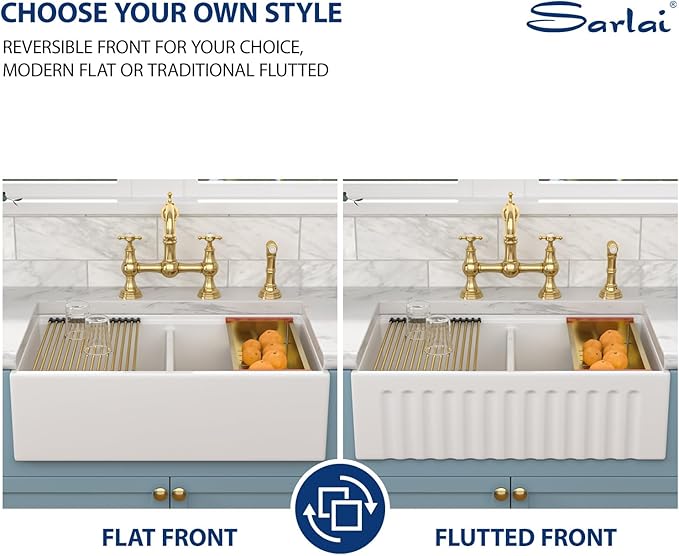 Sarlai 33 White Farmhouse Kitchen Sink Double Bowl - 33x20 Inch Apron Front Kitchen Sink Workstation Reversible Undermount Ceramic Fireclay Farmer Sinks Basin With Gold Accessories