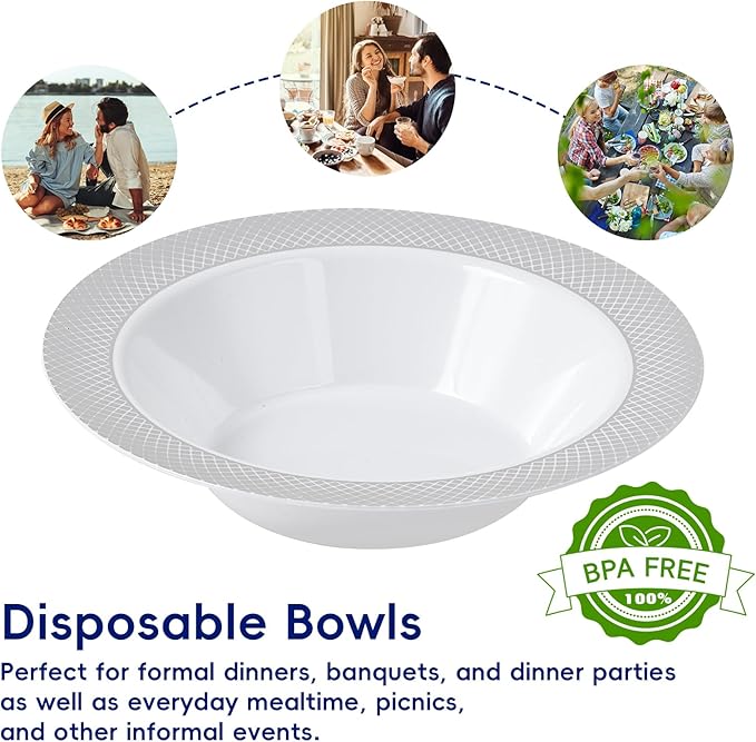 JOLLY CHEF 100 Pack Plastic Bowls with Silver Rim, 12 oz Disposable Soup Bowls, Heavy Duty Dessert Bowls for Weddings, Party, Dinners, Catering, Christmas and Everyday Use