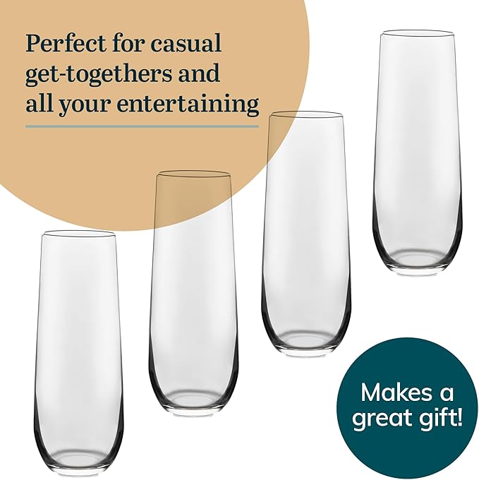 Libbey 228 Stemless Champagne Flutes Glass Set of 12, Elegant 8.5 Oz Flute Glasses for Champagne, Clear Fluted Glassware