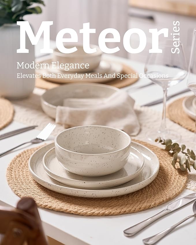 Famiware Meteor Plates and Bowls Sets, 18-Piece Stoneware Dinnerware Sets, Dishes Set for 6, Microwave and Dishwasher Safe Tableware, Creamy White