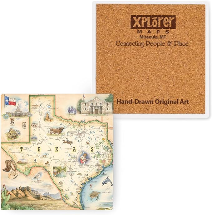 Xplorer Maps Regional Ceramic Texas Coaster, Highly Absorbent Tabletop Protection - for Cold Drinks, Wine, and Drinking Glass - Suitable for Any Kinds of Mugs and Cups.