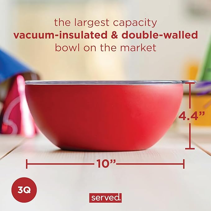 served Large Insulated Serving Bowl with Lid (100oz/3QT) - Double-Walled Stainless Steel Bowl for Hot & Cold Food - Vacuum Insulated, Spill-Resistant Thermal Bowl for Parties, Casseroles, Tailgates