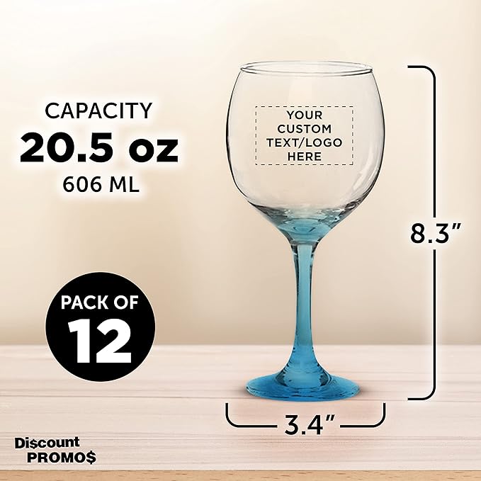 Custom Premiere Wedding Wine Glasses 20.5 oz Set of 12, Personalized Bulk Pack - Restaurant Glassware, Perfect for Red Wine or White Wine - Blue