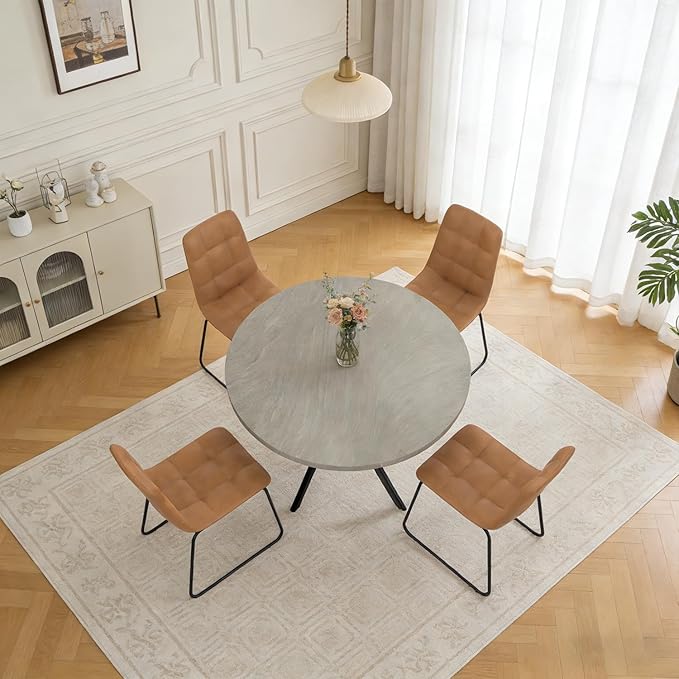 44" Round Dining Table with Cozy Chair Set for 4, Modern Mid-Century Dining Table Set of 4, Dinette Sets with Metal Leg for Kitchen Dining Room Apartment(Gray Table + Brown Chairs)
