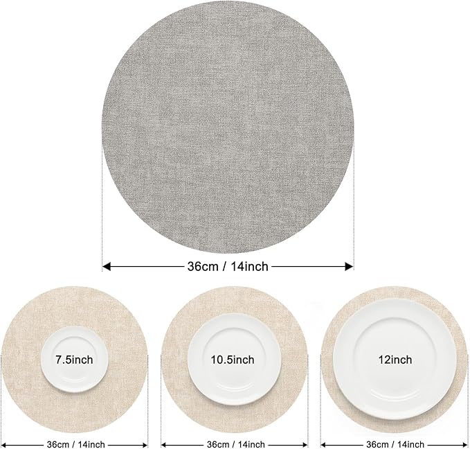 Myir JUN Reversible Vinyl Round Placemats Set of 6, Faux Leather Place Mats Dual Sided Waterproof Wipeable, Heat-Resistant Table Mats for Kitchen Dining Indoor Outdoor (14", Light Gray Cream-White)