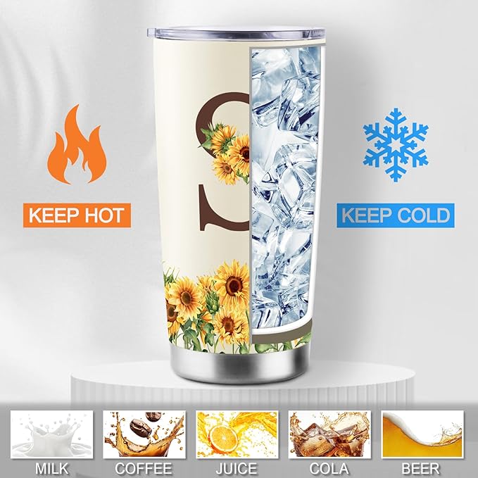 Sunflower Gifts for Women - Personalized Christmas Gifts for Women - Birthday Gift for Woman - Mothers Day Gift for Mom - Monogrammed, Initial 20oz Travel Cup Insulated Tumbler with Lid, S