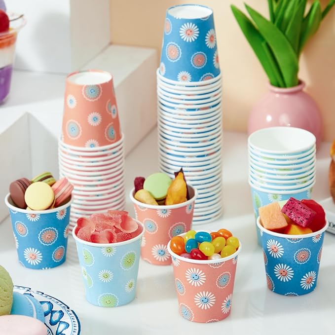 SIUQ 300 Pack 3 oz Paper Cups, Disposable Bathroom Cups, Small Mouthwash Cup, Hot/Cold Beverage Drinking Cups, Mini Paper Cups for Bathroom, Birthday Party, Travel, Events, Picnic, BBQ (Daisy)