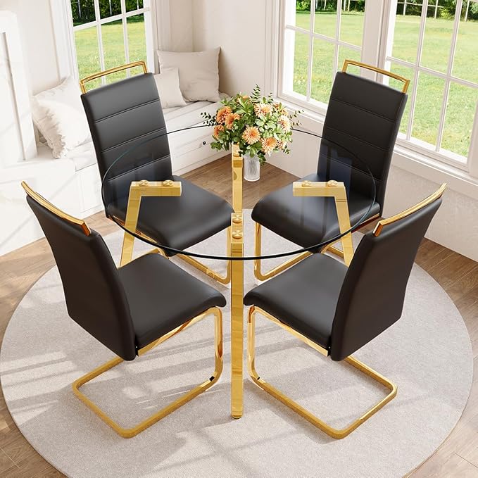 42" Round Glass Dining Table Set for 4,Modern Breakfast Table Set for 4 with Luxury Gold Chrome Legs,Space Saving Kitchen Table and Black Chairs for Apartment,Easy Assembly