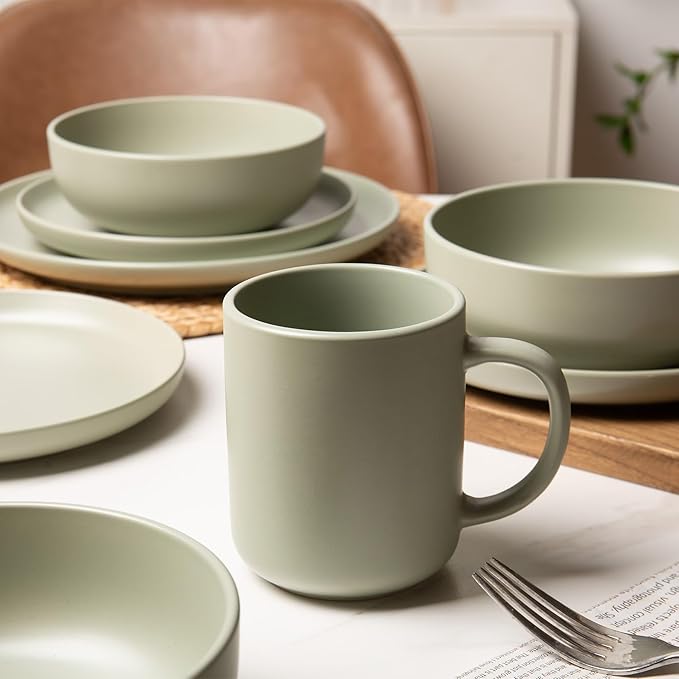 12-Piece Stoneware Dinnerware Set with Mugs | Microwave and Dishwasher Friendly | Stackable Matte Glaze Plates & Bowls | Service for 3 (Green for 3)