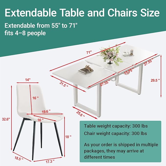 Extendable Dining Table Set for 8, 55"–71" Modern White Kitchen Table with 8 Upholstered Chairs, Space-Saving for Living Room Apartment, Sturdy & Comfortable, Easy Assembly