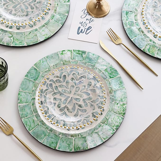 i-lan 2Pack 13" Mother of Pearl Decorative Charger Plates Display,Sea Shell Inlay Wood Charger Plates for Dining, Party,Diner Table Modern Decorative Placemats for Home Decor,Blue-green Leaf