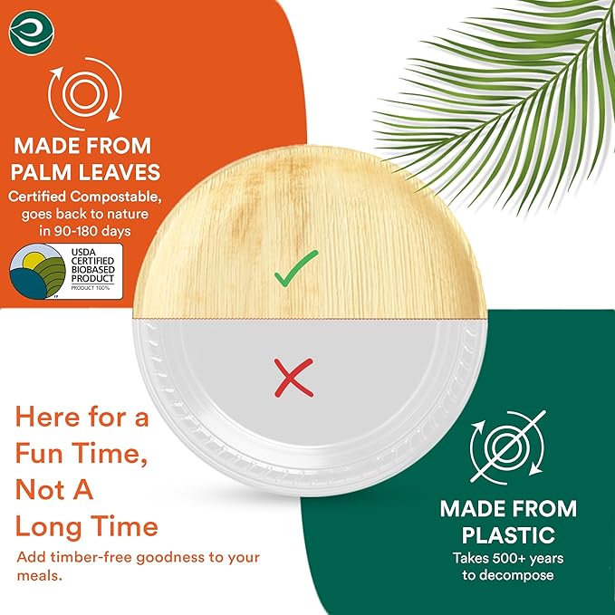 ECO SOUL Palm Leaf Plates 8"(50 Count) Round Compostable Bamboo Plates Heavy- Duty, Biodegradable Eco-Friendly Dinnerware for Christmas Party Dinner, Wedding, Holiday & Event