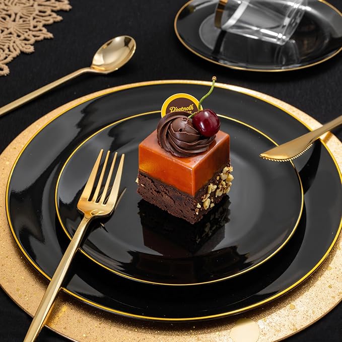 bUCLA 150PCS Black and Gold Plastic Plates - Black Gold Plastic Dinnerware Set Disposable - Include 25 Dinner / 25 Dessert Plates, 25 Knives, 25 Forks, 25 Spoons, 25 Cups, Ideal for Party & Birthday