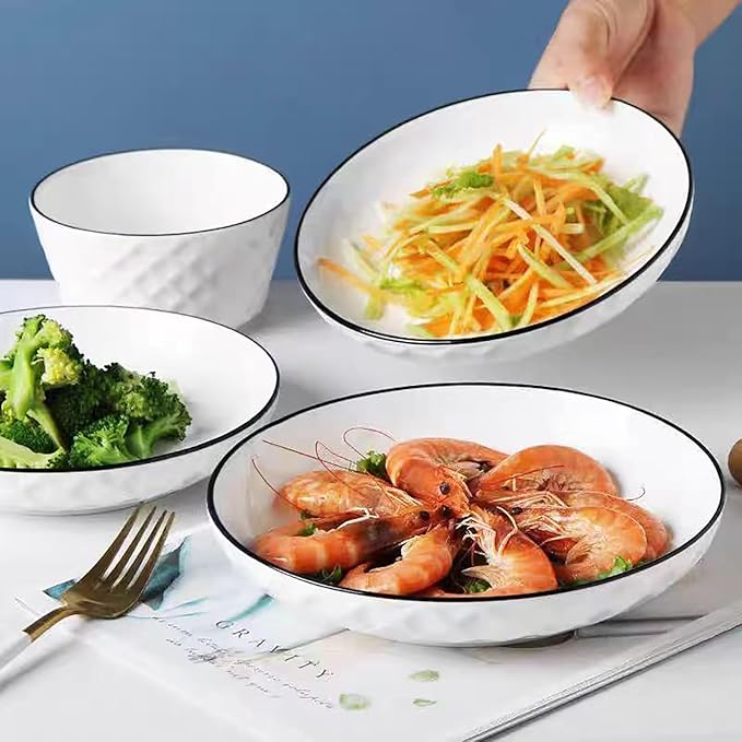Ceramics Pasta Bowls, 6 Pack 8 inches 20 Oz Large Salad Serving Bowls, Shallow Salad Bowls,ceramics Deep Plates,Microwave Dishwasher Safe,White (rhombus)