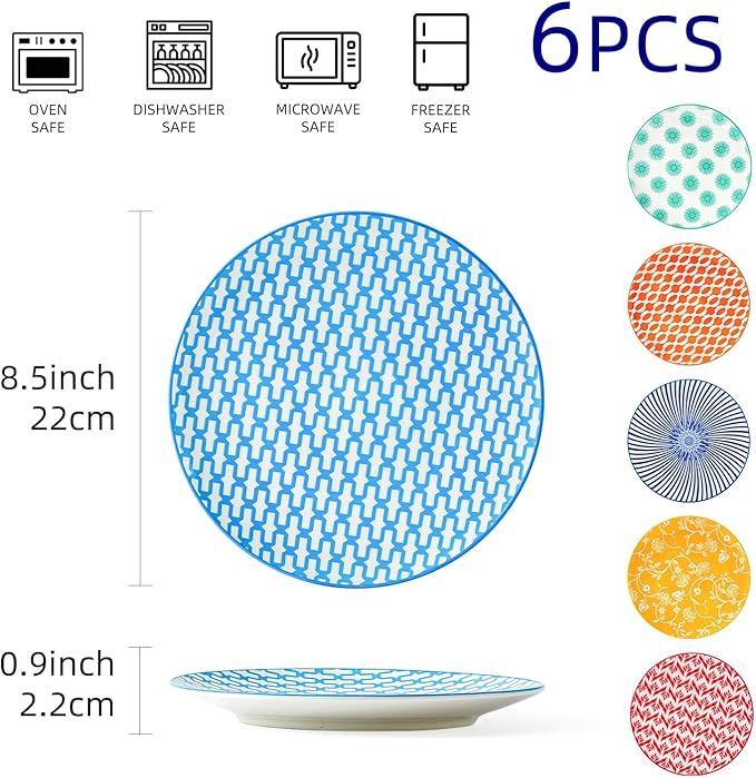Ceramic Salad Plates Set - 8.5 Inch Round Porcelain Dinner Dishes for Dessert Pasta Appetizer Sandwich - Scratch Resistant, Microwave Dishwasher Safe - Set of 6 - Assorted Colors