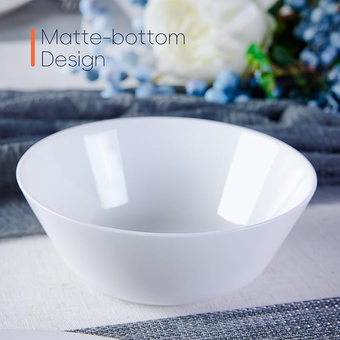 16OZ White Opal Glass Cereal and Soup Bowl Set of 4, 6 inch Dishwasher & Microwave Safe Round Bowls for Salad and Rice