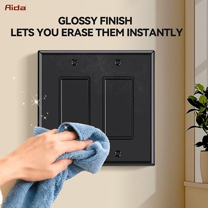 AIDA 2-Gang Decorative Wall Plates, 4.88" H x 4.94" L - Unbreakable Thermoplastic Faceplate Cover for Outlets and Switches, UL Listed - (1 Pack, Glossy Black)