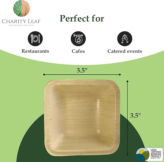 Charity Leaf Disposable Palm Leaf 3.5" Square Mini Bowl (100 pcs) Dipping Bowls | Bamboo Like| All Natural and Biodegradable | Charcuterie Boards, BBQs, and Parties