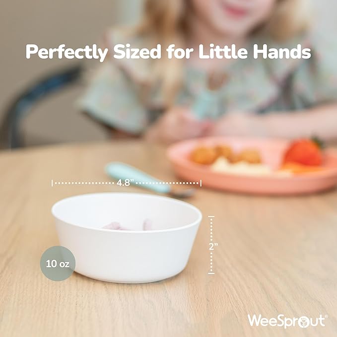 WeeSprout Bamboo Kids Bowls, Set of Four 10 oz Kid-Sized Bamboo Bowls, Dishwasher Safe Kid Bowls (Pastel Coral, Blue, Mint & Off White)