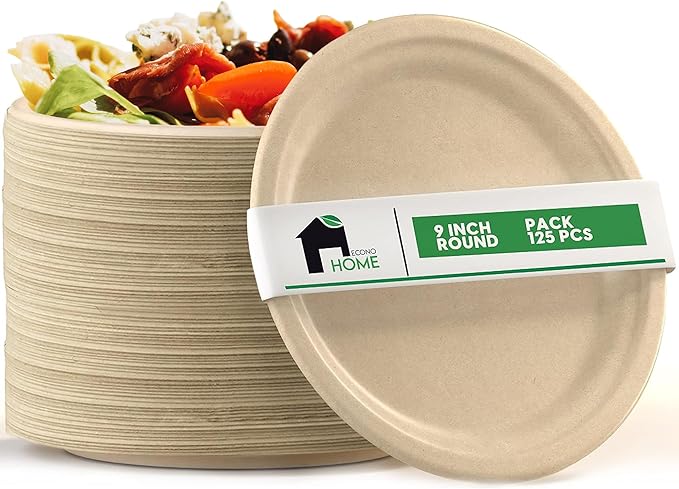 EconoHome 9 Inch Compostable Paper Plates [125-Pack] - Eco-Conscious Disposable Plates Made of Bagasse or Sugarcane Fiber - Microwave, Refrigerator-Safe - Heavy Duty Paper Plates for Dinner