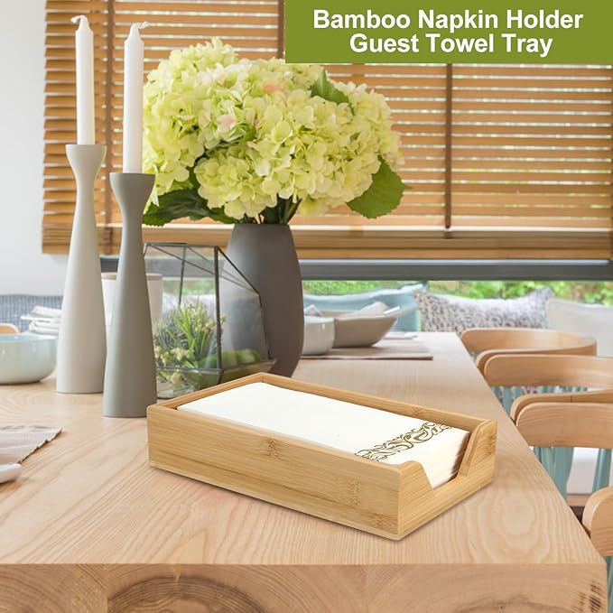 Guest Towel Holder Tray for Bathroom and Table - Modern Bamboo Napkin Holder for Farmhouse Bar and Party