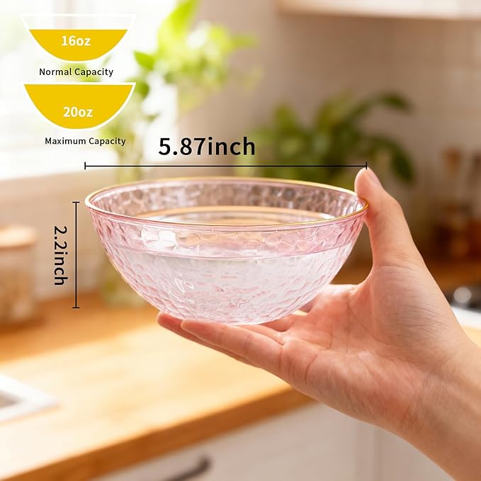 Tinybee 50 Pack Pink Plastic Bowls - Pink Disposable Bowls for Party with Gold Rim, 16-20oz Premium Hammered Bowls Disposable Heavy Duty, Plastic Salad Bowls for Milk Cereals, Snacks, Salads