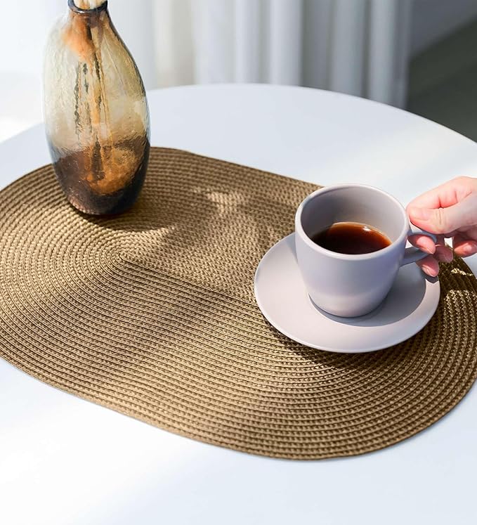 FunWheat Oval Braided Placemats Set of 4 Table Mats for Dining Tables Washable Heat Resistant Place Mats for Indoor Outdoor Use 12 x18 Inch(Oval Light Brown, 4pcs)