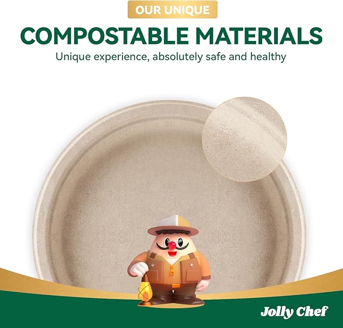 JOLLY CHEF Compostable Heavy Duty Plates 9 Inch [300 Pack] Eco-Friendly Disposable Natural Paper Plates Bagasse Biodegradable Sugarcane Bulk for Party Dinner Lunch Hot Cold Food Christmas (Brown)