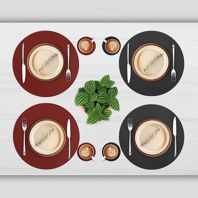Myir JUN Round Placemats Set of 4 Faux Leather Place Mats and Coasters 15 inch Round Table Mats Dual Sided Non-Slip Stain Resistant Placemats (Red & Black, Set of 4)