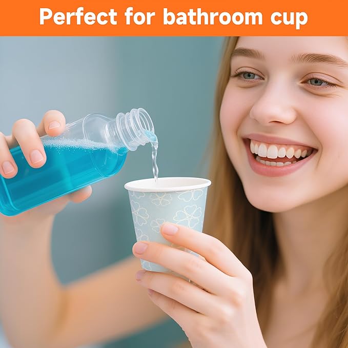 100 Pack 3 oz Bathroom Cups, Disposable Paper Cups with Rolled Rim, Small Paper Mouthwash Cup for Guest Bathrooms, Vanity & Office Use, Mist blue